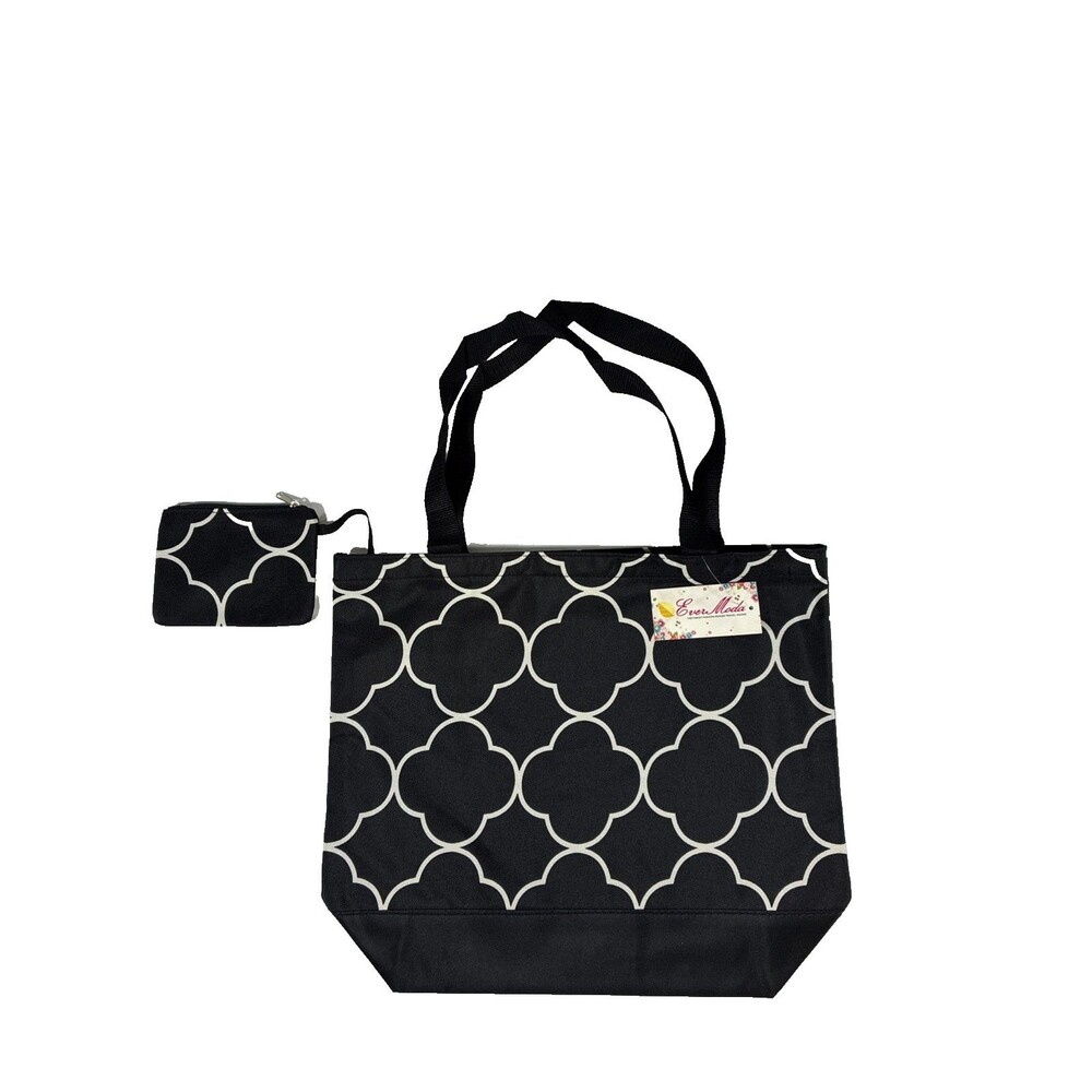 Ever Moda Black White Geometric Tote Bag Purse Matching Wristlet 17x14x11